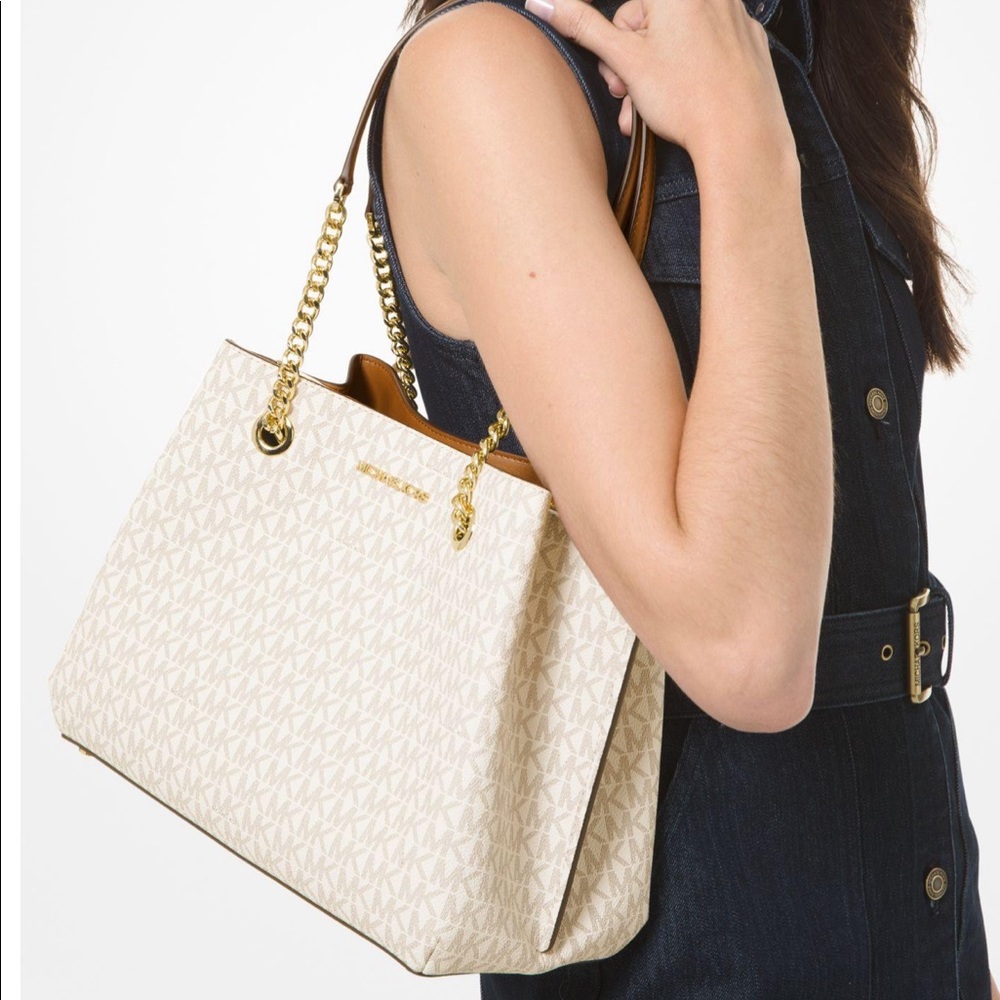 MICHAEL KORS TEAGEN LG LONG DROP SATCHEL VANILLA - Picture 5 of 16